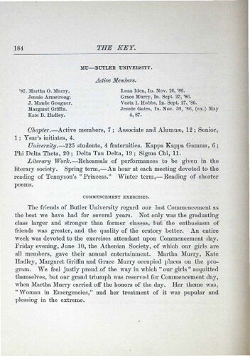 Chapter Report for 1886-87: Mu - Butler University (image)